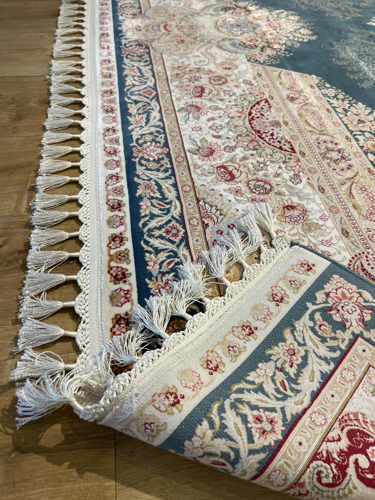 Blue Beige Silk Palace Rug, 8x11 ft, Traditional Turkish Carpet