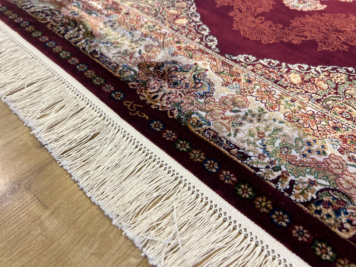 Red Silk Rug with Gold and Green Medallion, 3x5 ft, Classic Small Rug