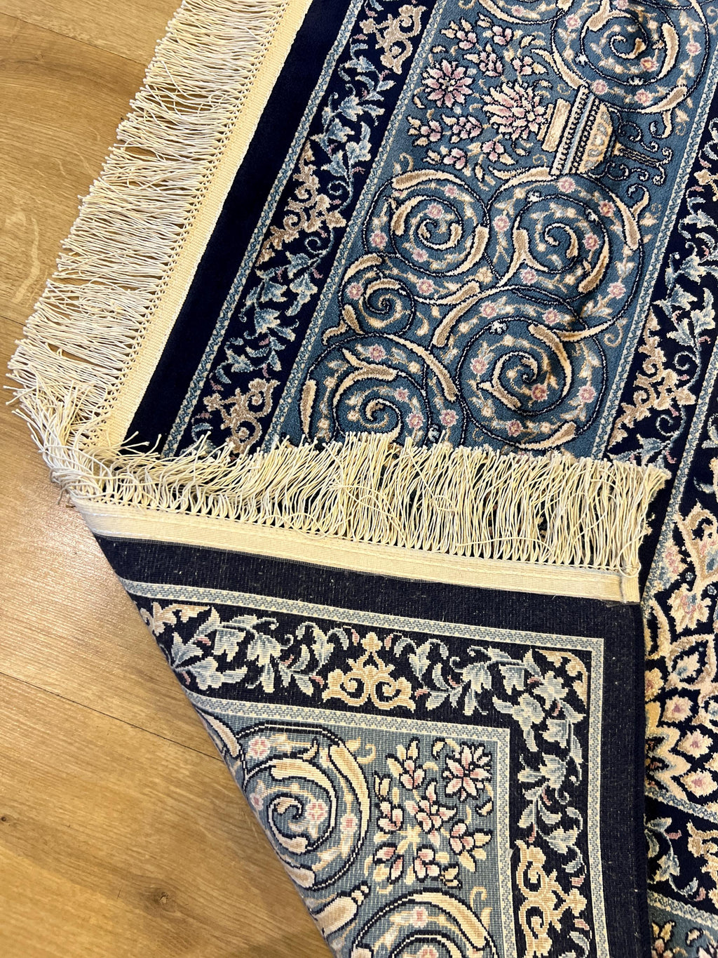 7x10 ft Elegant Navy Blue Silk Rug, Traditional Classic Medallion