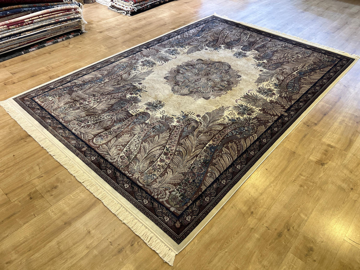 7x10 ft Luxury Cream Silk Rug, Brown Medallion Classic Design, Oversize Rug