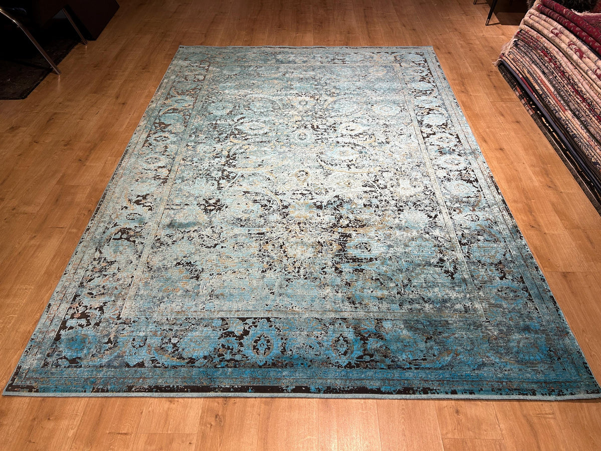 7x10 ft Blue Bamboo Rug, Distressed Pattern Vintage Area Rug, Luxury Home Decor