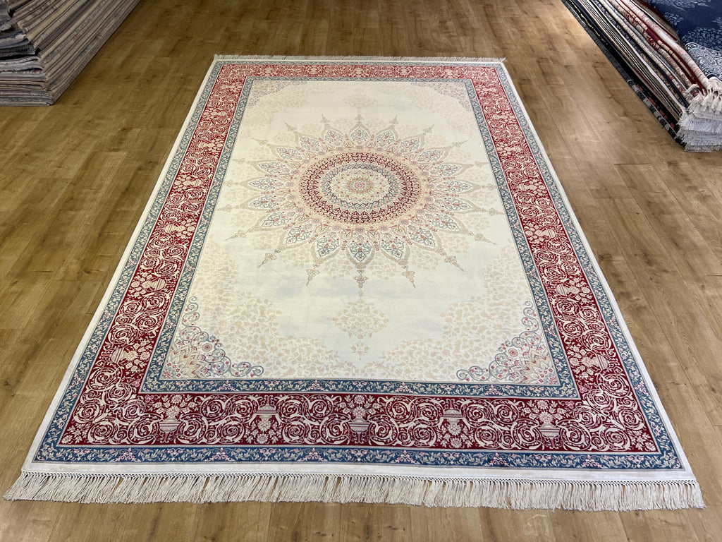 7x10 ft Cream Silk Rug with Red Blue Medallion and Border
