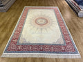 7x10 ft Cream Silk Rug with Red Blue Medallion and Border