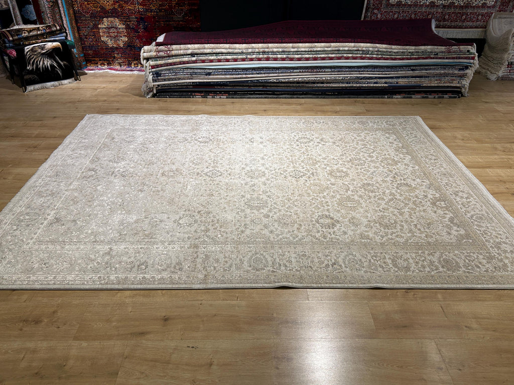 Gray Beige Floral Bamboo Rug with Ethnic Modern Patterns