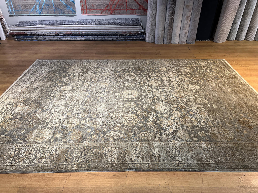 Brown Gray Bamboo Rug with Antique Distressed Floral Pattern