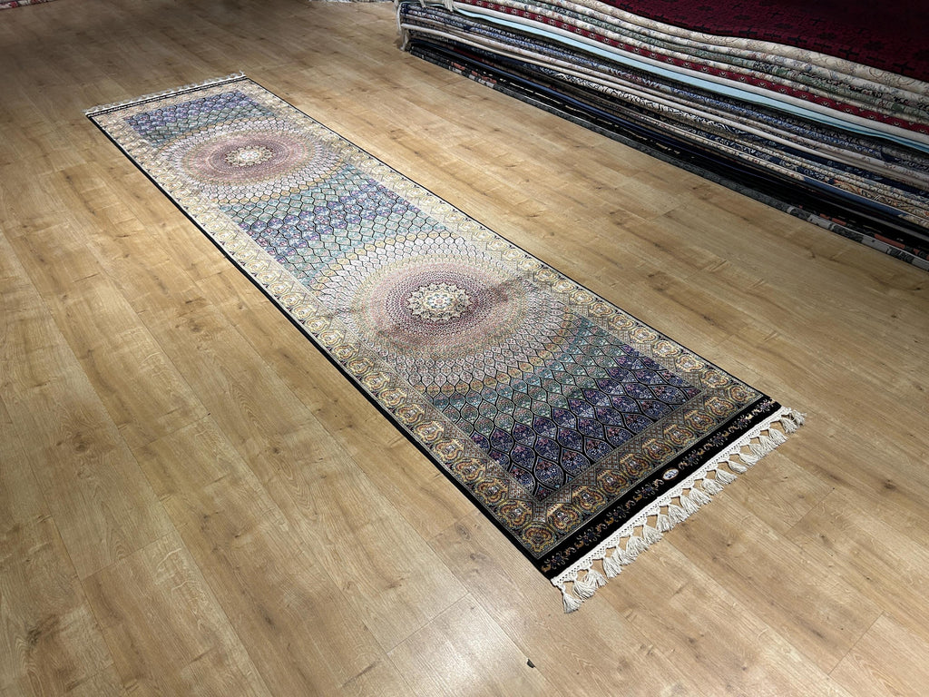 Blue Gold Silk Runner Rug, Medallion Peacock Tail Design Rug, Traditional Carpet