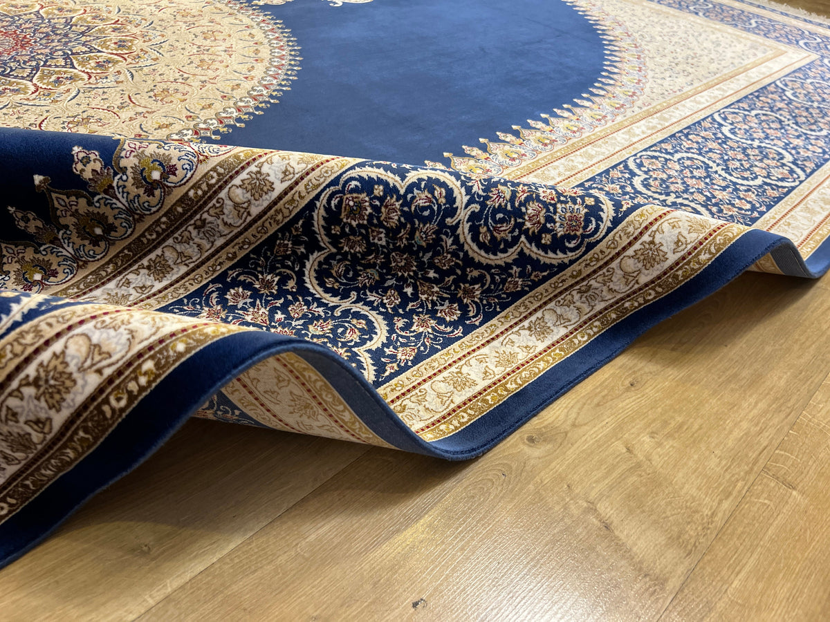 7x10 ft Elegant Silk Rug, Navy Ground Gold Medallion Classic Design