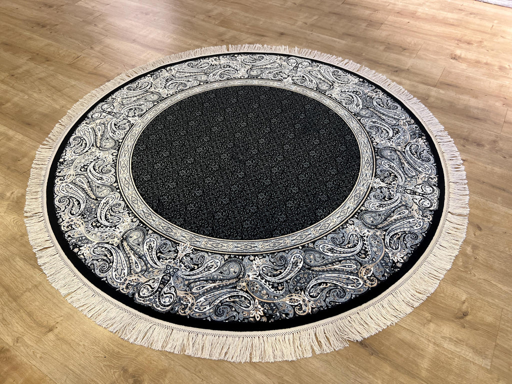 5x5 Ft Round Black Gray Silk Rug, Framed Border Design, Classic Luxury Area Rug