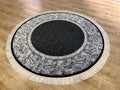 5x5 Ft Round Black Gray Silk Rug, Framed Border Design, Classic Luxury Area Rug
