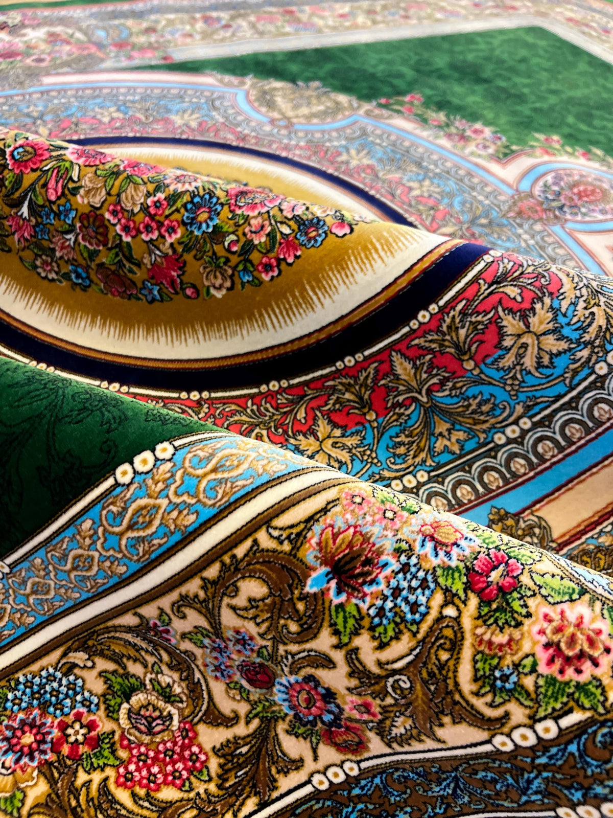 Luxury Green Silk Rug With Floral Border and Medallion