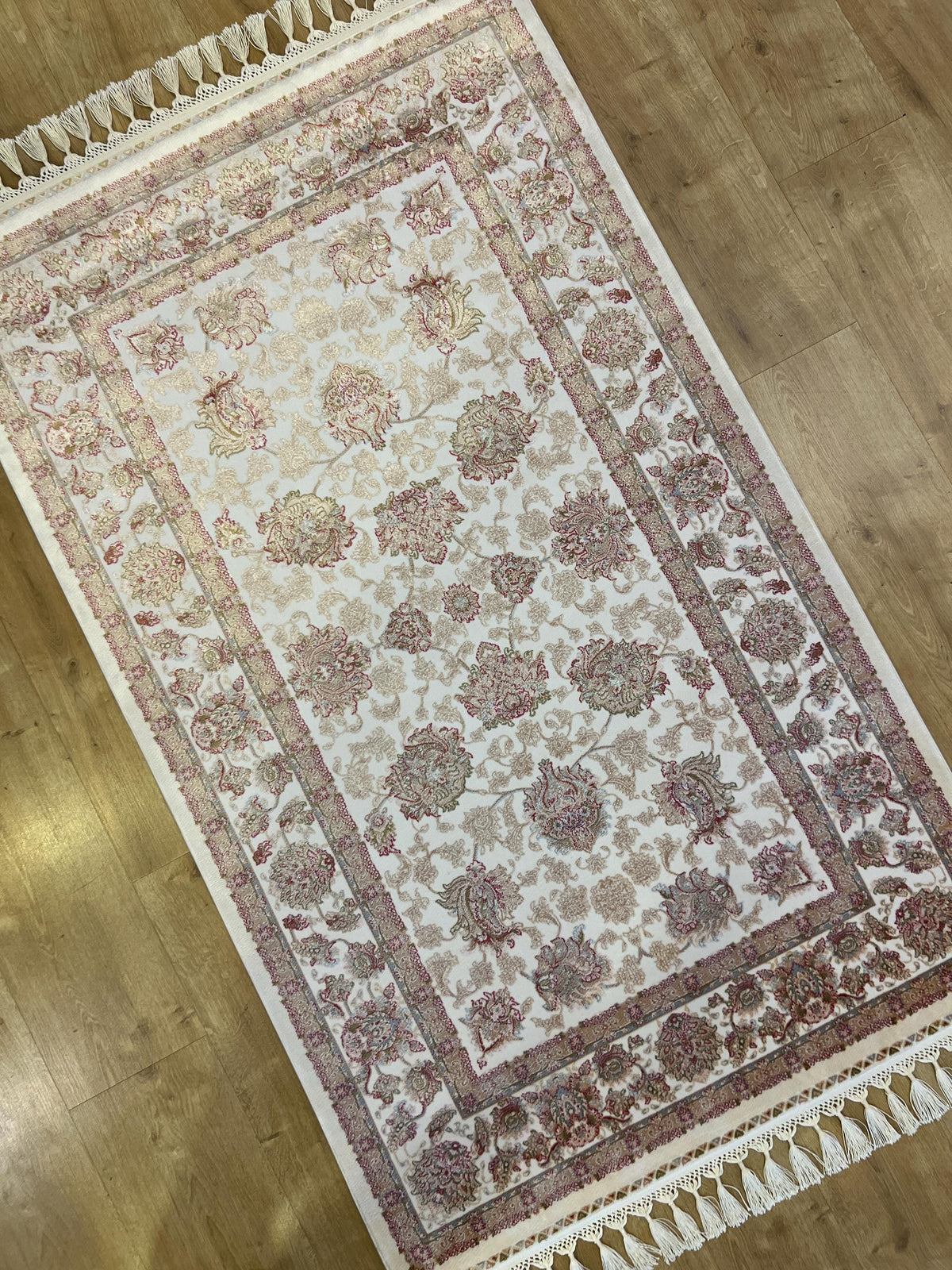Ivory Silk Bamboo Rug with Gold Pattern and Framed Border, 3x5 ft, Classic Rug