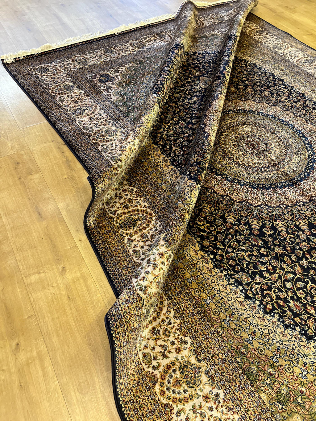 Dark Blue Silk Turkish Rug, 7x10 ft, Medallion Rug, Living Room Carpet