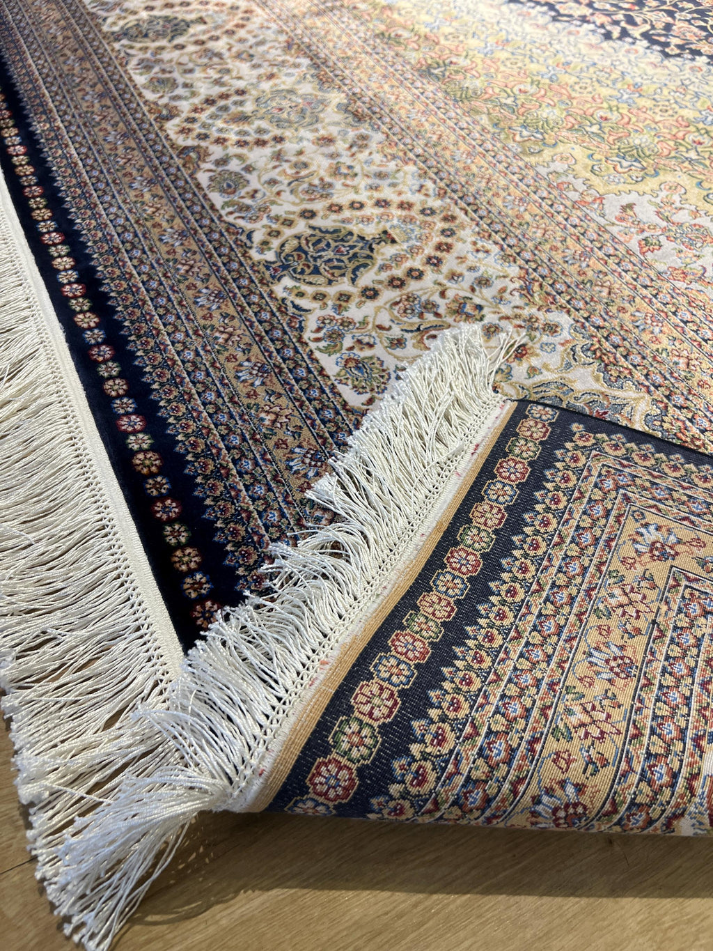 8x11 ft Dark Blue Silk Rug with Gold Medallion, Classic Turkish Style Luxury Carpet