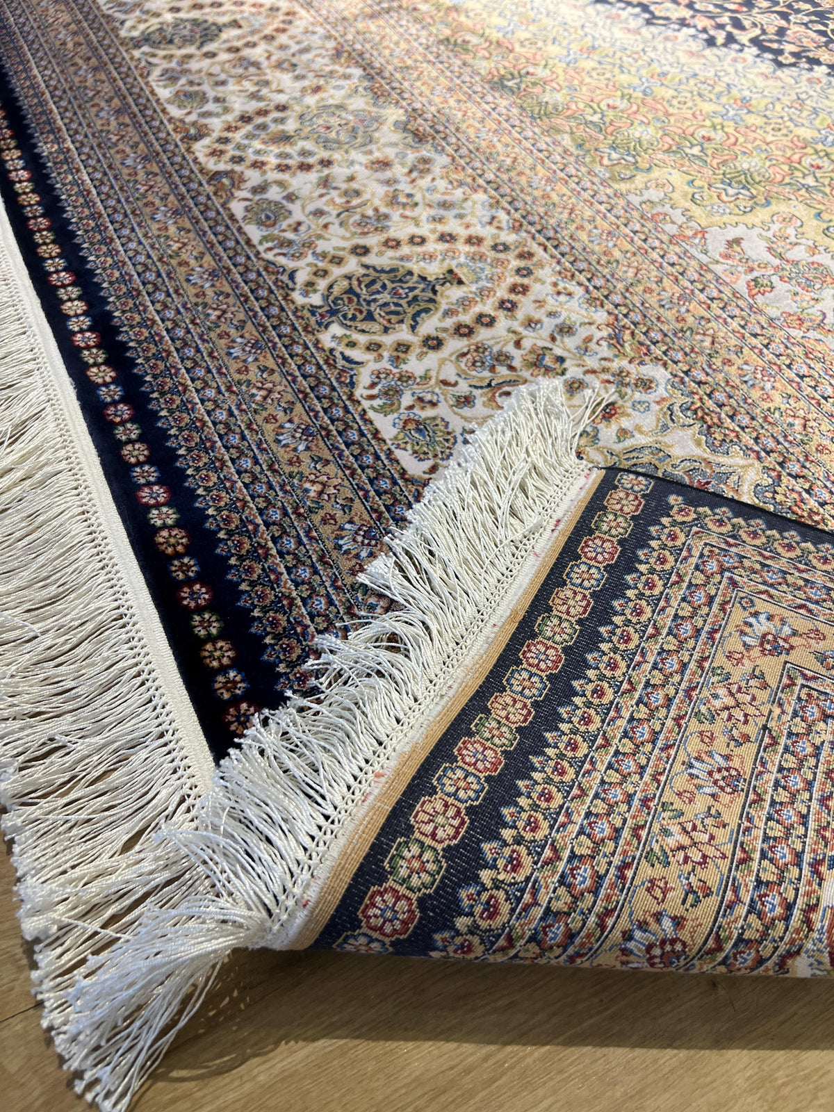 8x11 ft Dark Blue Silk Rug with Gold Medallion, Classic Turkish Style Luxury Carpet
