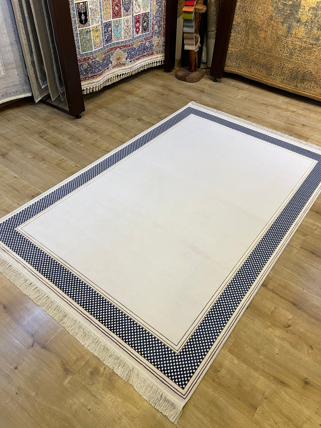 White and Blue Bamboo Rug, Bordered Minimalist Rug, 5x8 ft