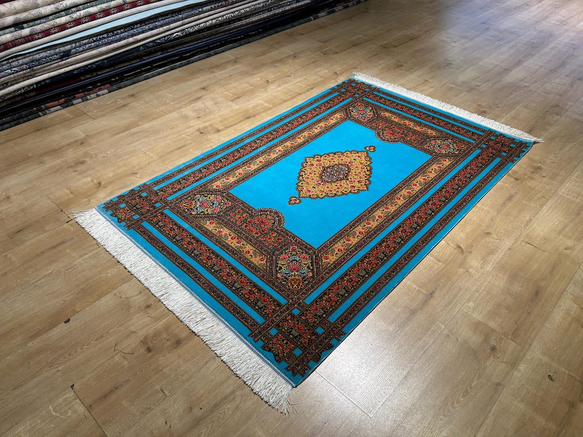 Blue Silk Rug, Floral Medallion and Border Design Classic Luxury Silk Carpet