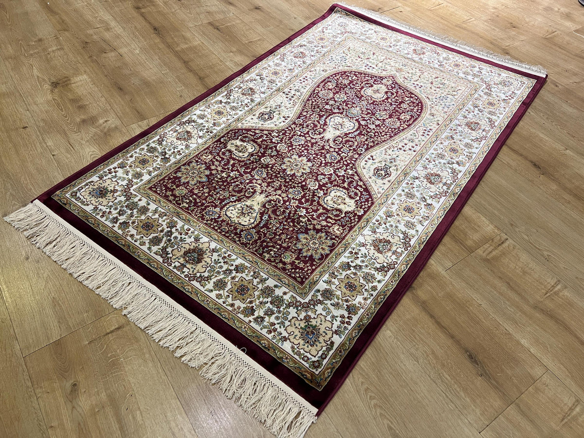 Red Modal Silk Prayer Rug, Janamaz Mat, Muslim Gift (2.62X4.10)
