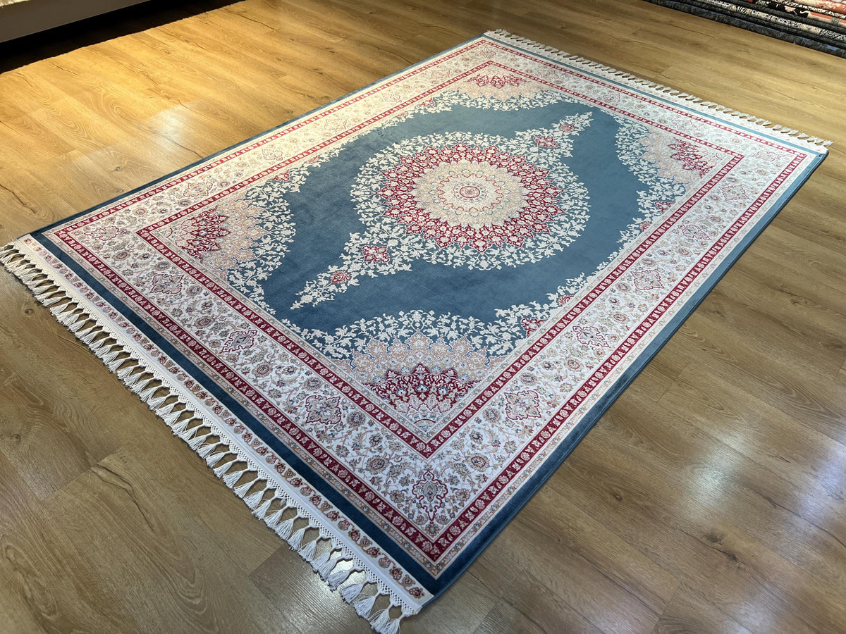 5x8 ft Blue Red Bamboo Silk Rug, Classic Medallion Rug