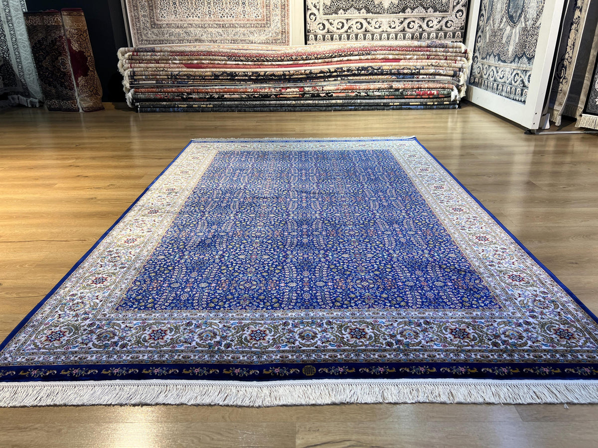 5x8 ft Navy Blue Silk Rug, Floral Border Design, Turkish Style Carpet, Luxury Rug