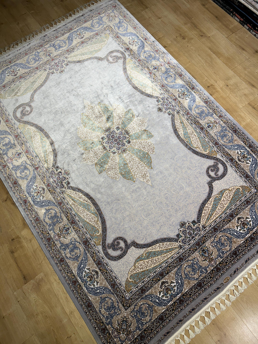 Gray Silk Rug, Gold Blue Medallion, Classic Traditional Style Carpet