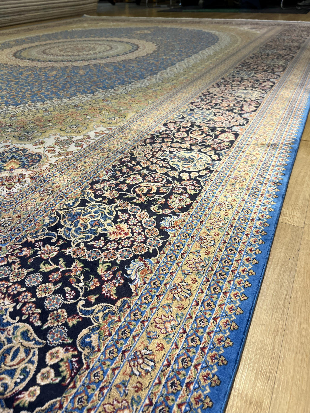 Bamboo Silk Rug 10x13 ft, Large Luxury Area Rug with Blue Medallion Design