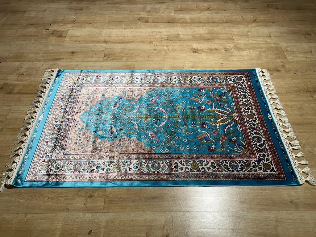 2.62x4.10 ft Blue Silk Prayer Rug, Floral and Bird Design Mat, Muslim Janamaz Mat
