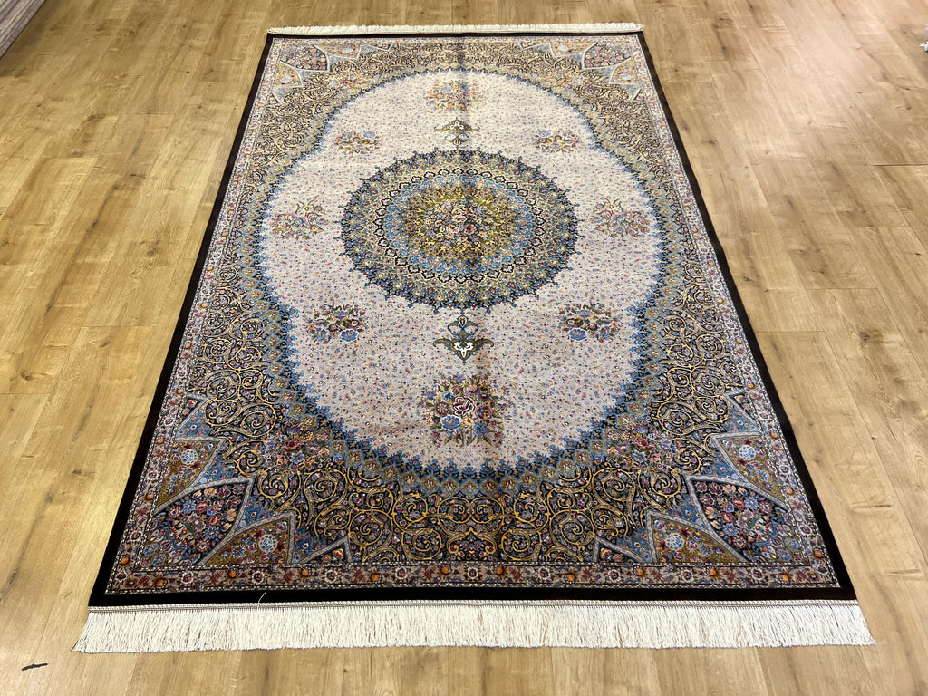 5x8 ft Brown Blue Silk Rug, Classic Medallion Design, Turkish Style Home Decor