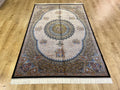 5x8 ft Brown Blue Silk Rug, Classic Medallion Design, Turkish Style Home Decor