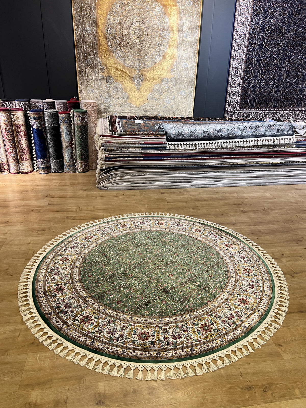 Green Beige Silk Circle Rug, Turkish Carpet, 5.24 ft