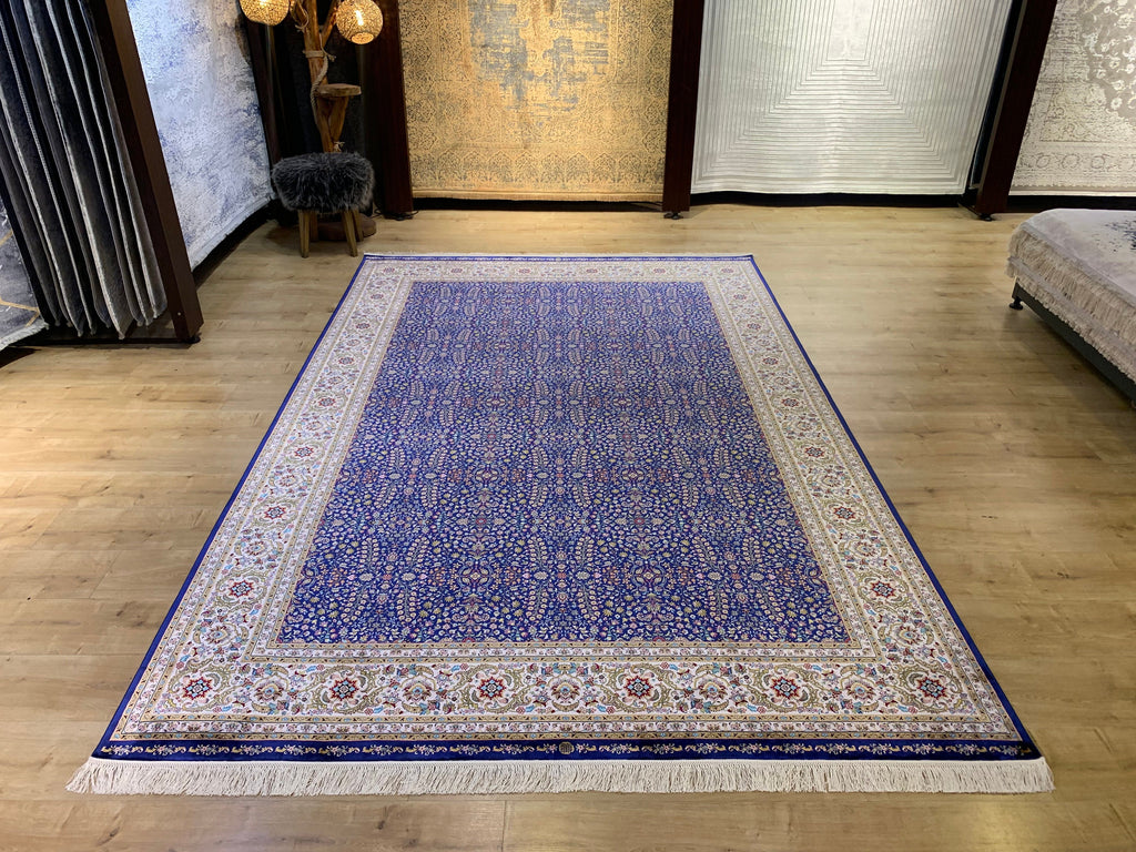 Blue Floral Silk Rug, Traditional Turkish Carpet, Luxury Home Decor