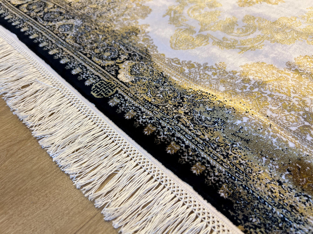 Black Gold Medallion Silk Runner Rug, 3x10 ft, Classic Luxury Turkish Rug