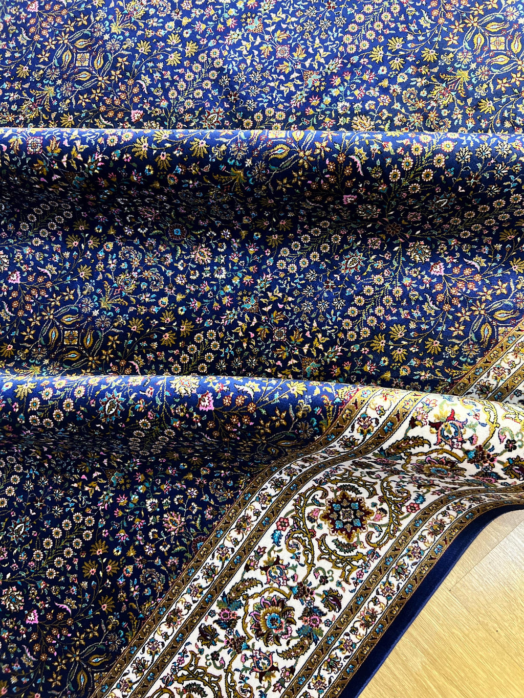 5x8 ft Navy Blue Silk Rug, Floral Border Design, Turkish Style Carpet, Luxury Rug