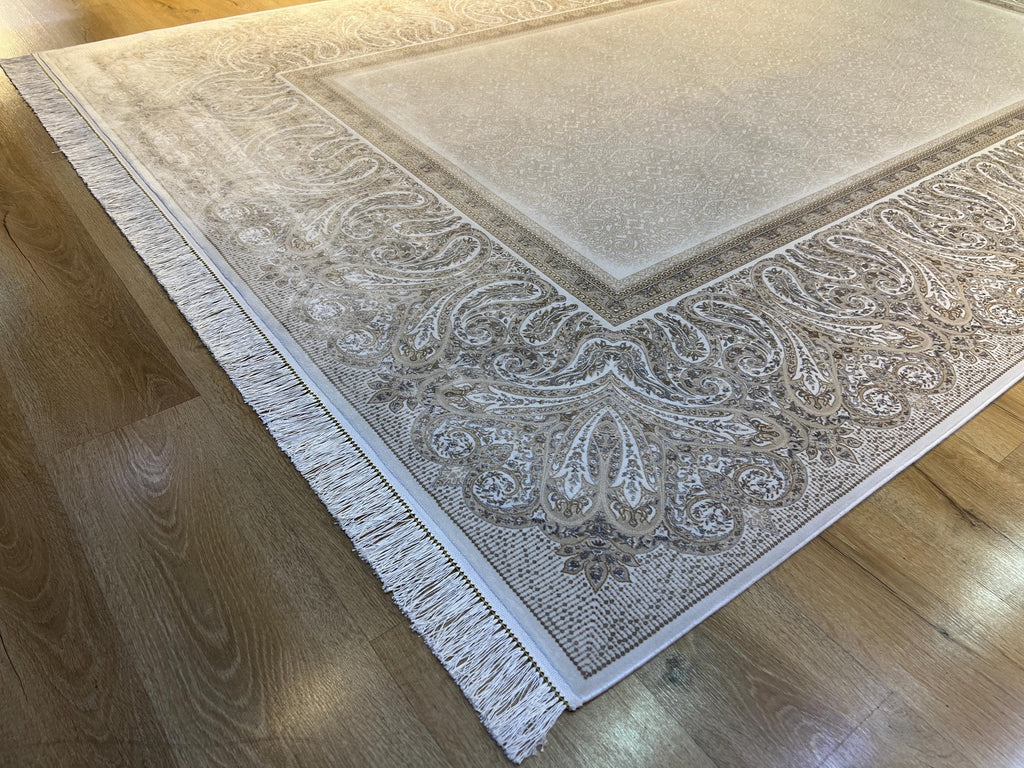 7x10 ft Cream Silk Rug, Grey Beige Border Design Modern Rug, Luxury Home Decor
