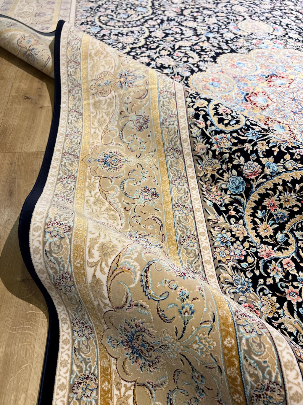 7x10ft Dark Blue Floral Silk Rug, Classic Medallion Oriental Area Rug, Living Room Carpet