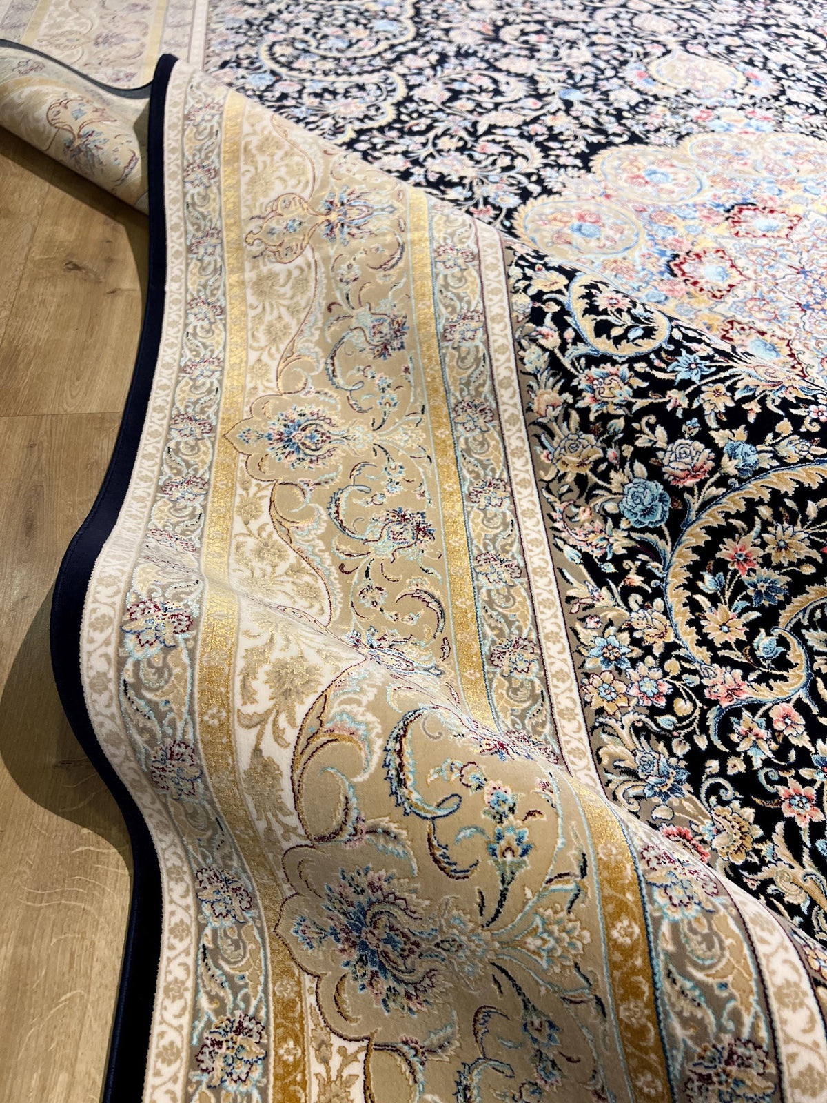 7x10ft Dark Blue Floral Silk Rug, Classic Medallion Oriental Area Rug, Living Room Carpet