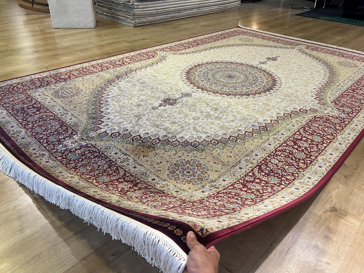 7x10 Bamboo Silk Rug, Red Gold Medallion Design, Beige Classic Turkish Carpet