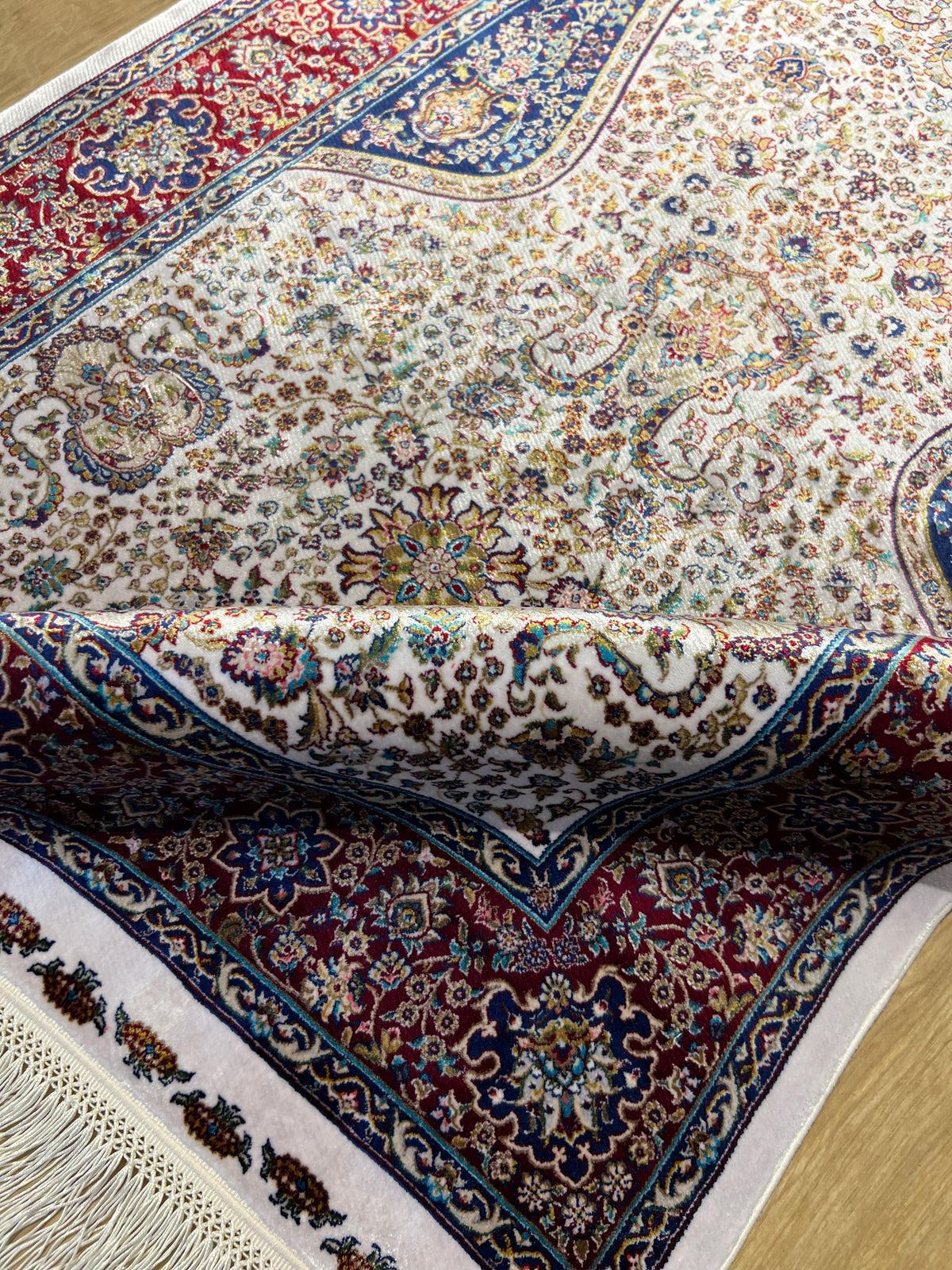 Silk Prayer Rug, Red Blue Muslim Gift Mat, Janamaz Rug 2.62x4.10 ft
