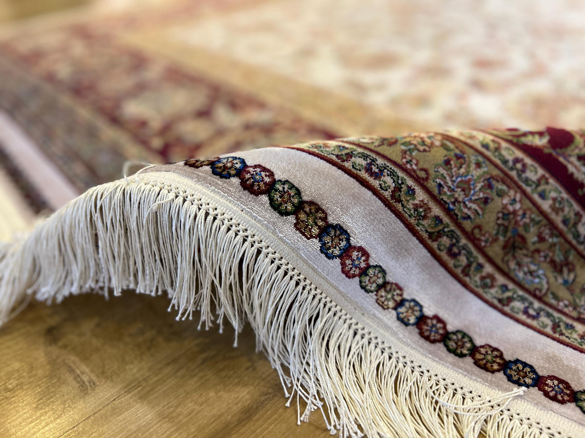 7x10 ft Turkish Silk Rug, Red Beige Floral Carpet