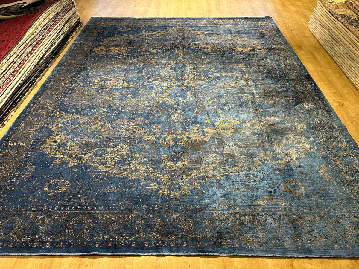 10x13 ft Blue Gold Gray Bamboo Rug, Distressed Pattern, Modern Rug