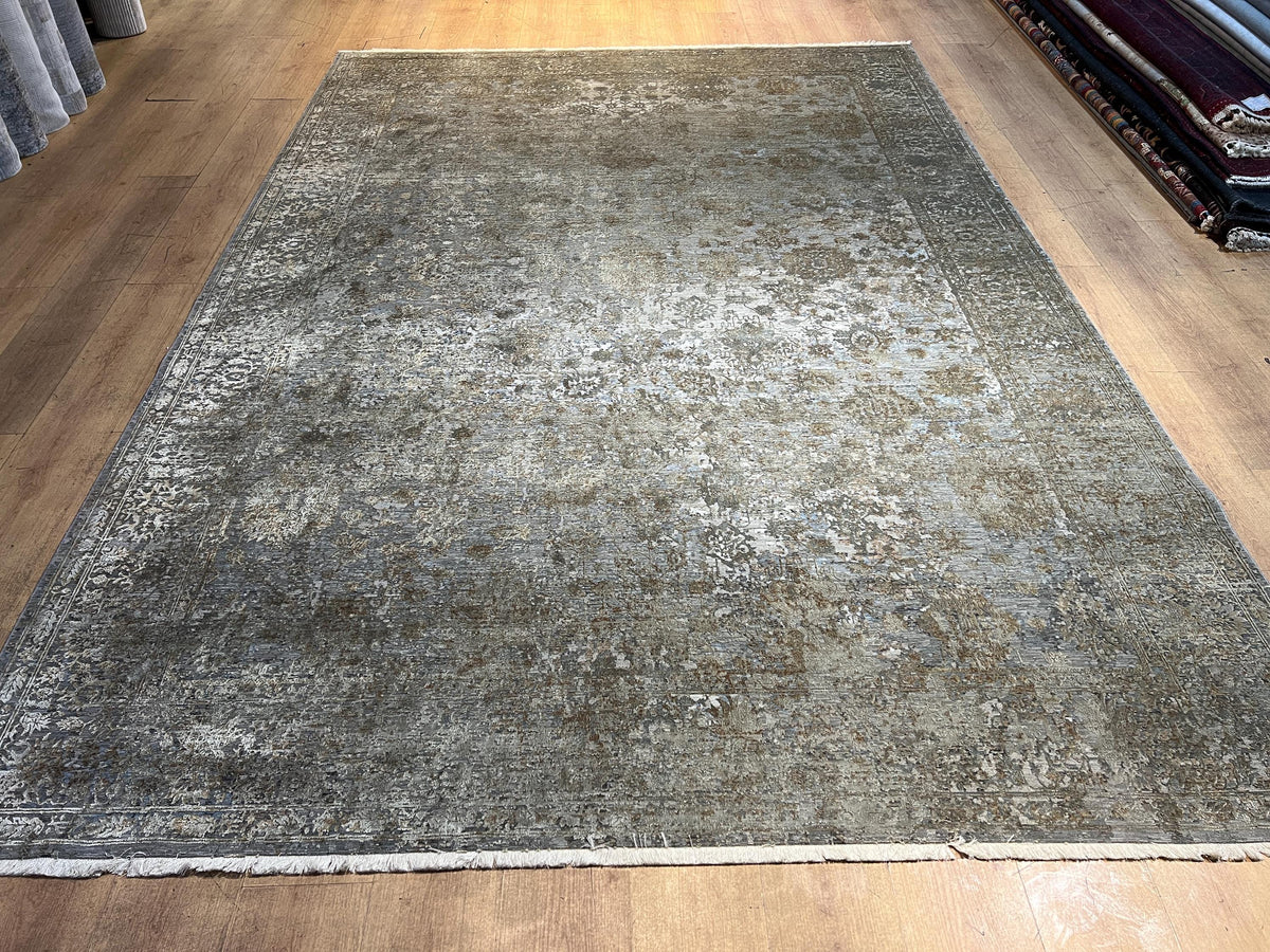 Brown Gray Bamboo Rug with Antique Distressed Floral Pattern