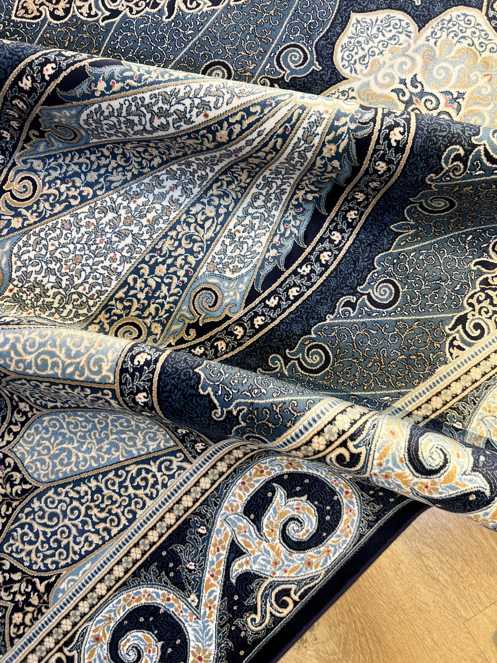 Navy Blue Silk Rug With Classic Ornamental Pattern