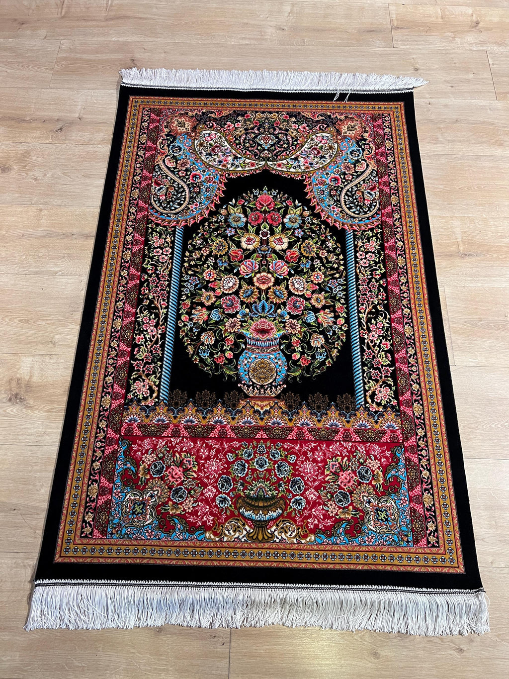 Black Small Silk Rug, Vase Pattern Wall Decor Mat, Floral Tapestry