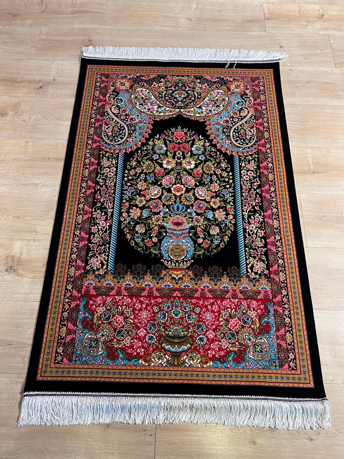 Black Small Silk Rug, Vase Pattern Wall Decor Mat, Floral Tapestry