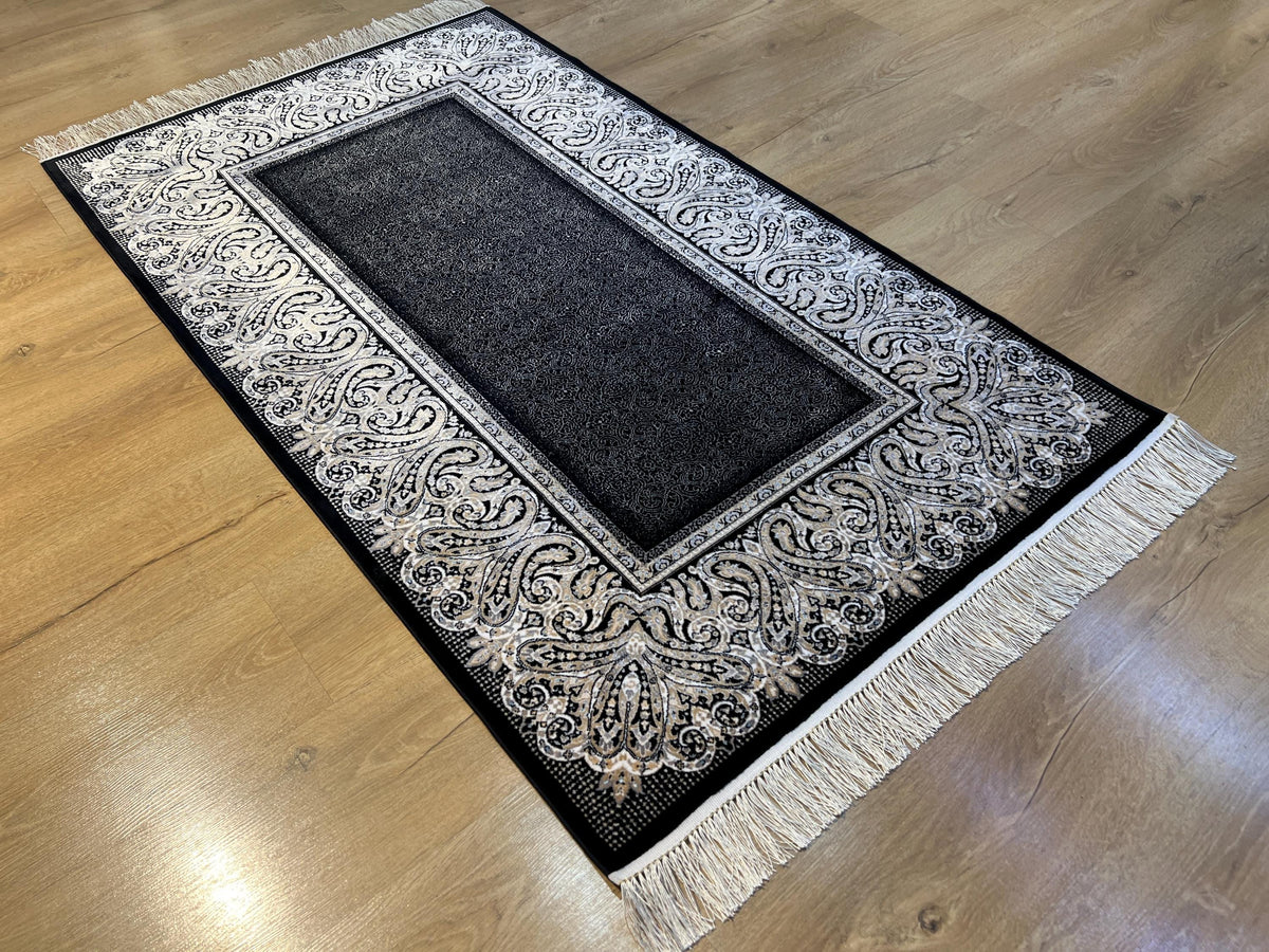 Black Silk Rug with Framed Border, 3x5 ft, Classic Luxury Small Rug