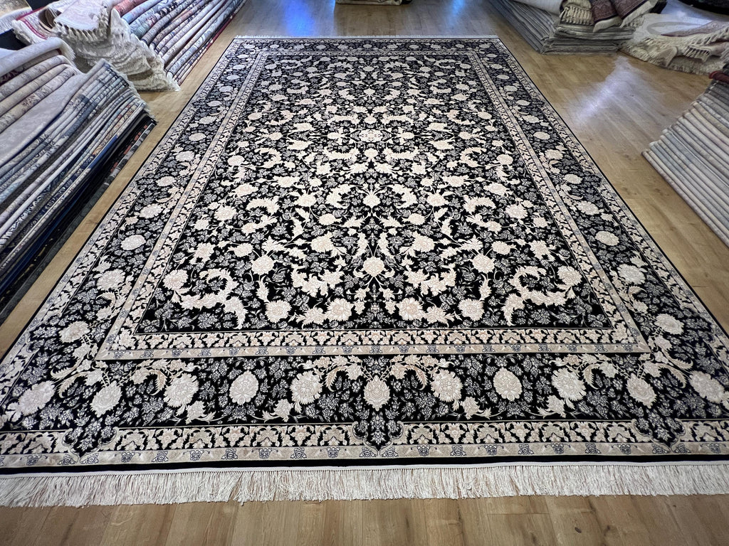 10x13 ft Black Classic Silk Rug with Gold Floral Motifs, Big Silk Carpet
