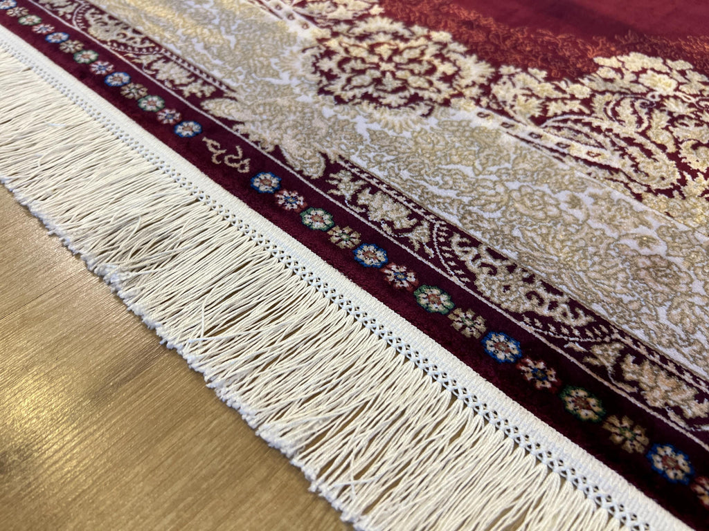 Red Gold Medallion Silk Rug, Turkish Carpet, 3x10 ft