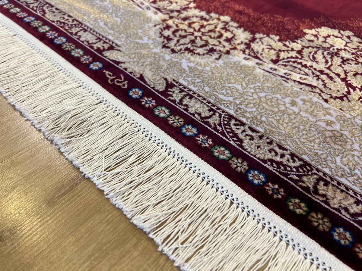 Red Gold Medallion Silk Rug, Turkish Carpet, 3x10 ft