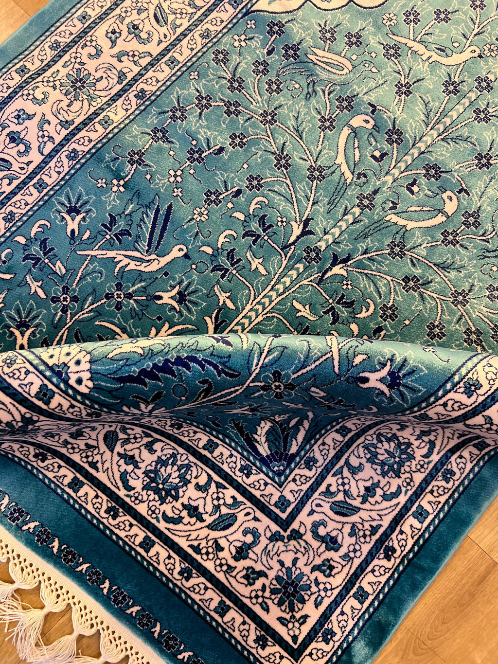 Blue Silk Muslim Prayer Rug, Janamaz Mat, Prayer Gift 2.62X4.10 ft