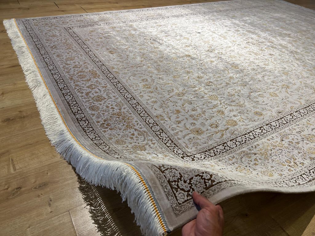 7x10 ft Brown Beige Silk Bamboo Rug, Framed Classic Design, Traditional Style Carpet