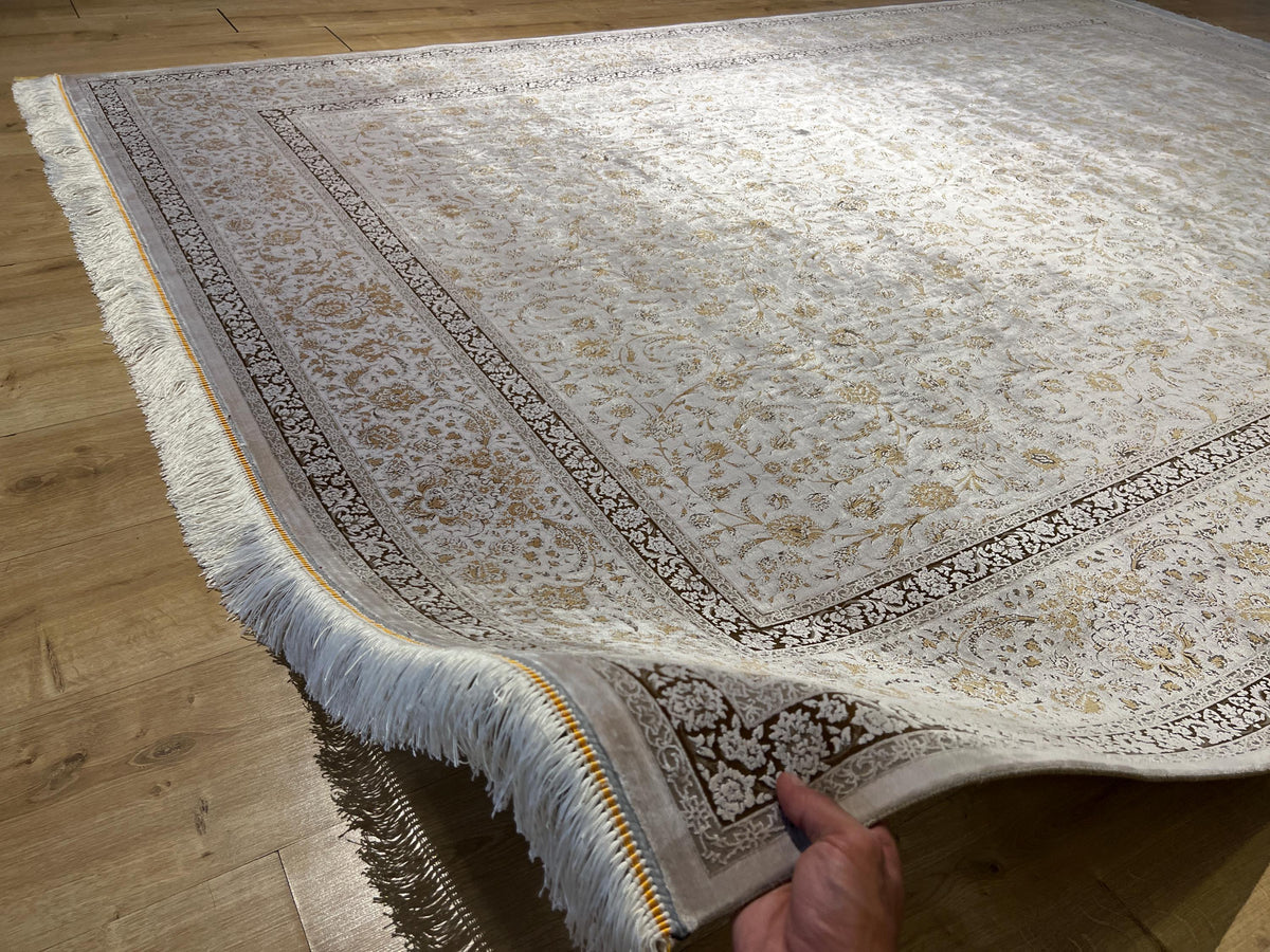 7x10 ft Brown Beige Silk Bamboo Rug, Framed Classic Design, Traditional Style Carpet